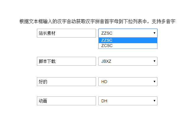 输入汉字转换成拼音首字母js代码
